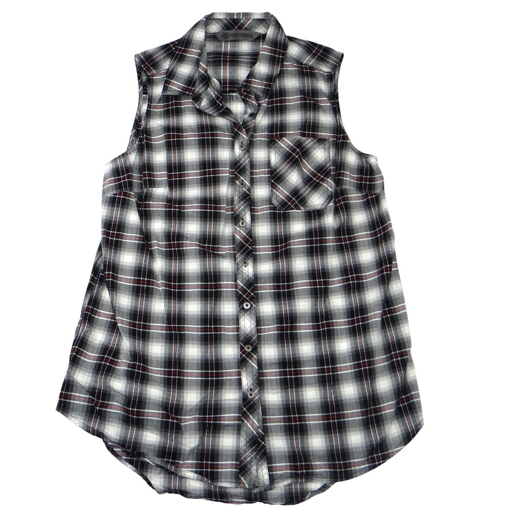 Harley Davidson Womens Sleeveless‎ Plaid Shirt HDMC Button Up Black White Red